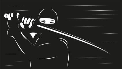 Ninja. Vector illustration. Black and white view.