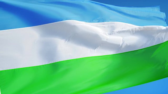 Molossia flag waving in slow motion against clean blue sky, seamlessly looped, close up, isolated on alpha channel with black and white luminance matte, perfect for film, news, digital composition