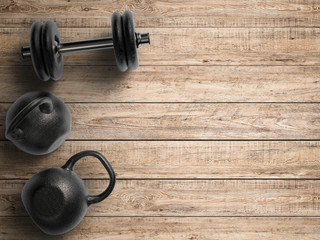 workout concept with kettle bells and dumbbells