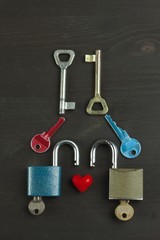 Symbol of love and happiness. Lock and heart. Key to the heart. Locked love. Family security. Romantic love.
