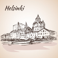 Helsinki - harbor, waterfront. Sketch, Isolated on white backgro