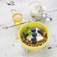 Home crispy golden granola mixture of flakes and nuts