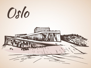 Oslo Opera house, Norway - harbor, waterfront. Sketch, Isolated - obrazy, fototapety, plakaty