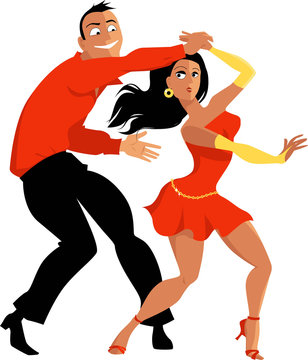 Young Latin couple dancing salsa, EPS 8 vector illustration, no transparencies, isolated on white