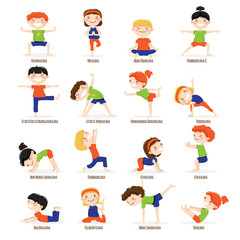 Kids Children Yoga Poses Cartoon Set.