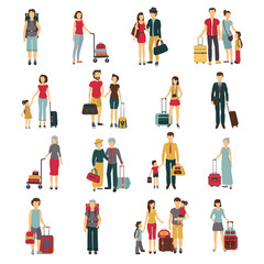 Travelers With Luggage Flat  Icons Collection 