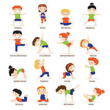 Kids Children Yoga Poses Cartoon Set.