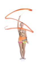 Beautiful artistic female gymnast working out, performing art gymnastics element