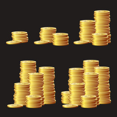 Set of game icons of gold coins. Gui asset elements collection.