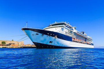 cruise ship in the port on the dock sunny Rhodes Greece