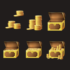 Set of game icons of gold coins and chests. Gui asset elements collection.