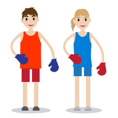 Set of sporty boy and lady. Boxers isolated on white background.