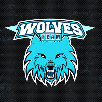Blue wolves modern logo for a sport team. Premade logotype with name