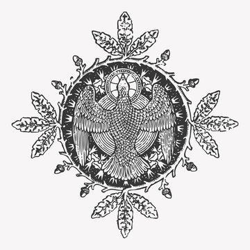 Vector engraving eagle icon with a circle wreath