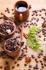 grains of black coffee and black coffee