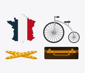 France design. map, bread, bike and suitcase. vector graphic