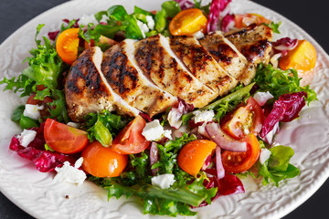 Grilled Chicken Breast fillet with fresh tomatoes vegetables salad. concept healthy food.