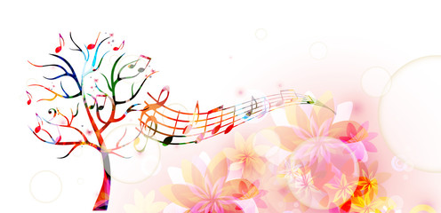 Colorful music tree with music notes and butterflies
