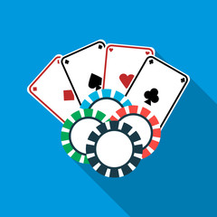 Poker cards and casino chips icon, flat style