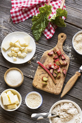 Rhubarb and Strawberry all ingredients nearby, top view