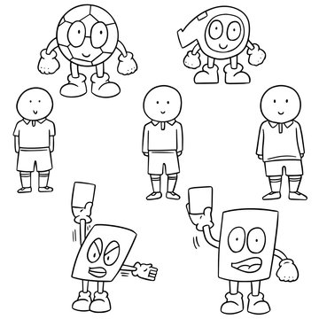 vector set of soccer player, ball, whistle and card cartoon