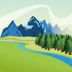 Landscape with pine trees and mountains design, Colorfull illust