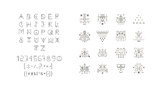 Set of vector trendy icons plus unusual geometric alphabet. Alchemy symbols collection
