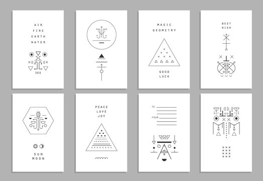 Set of vector trendy cards with geometric icons. Alchemy symbols. Vector