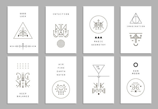 Set of vector trendy cards with geometric icons. Alchemy symbols. Vector