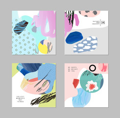 Set of cards and posters with creative collage, different textures and shapes. Modern graphic design.  Unusual artwork collection. Vector. Isolated