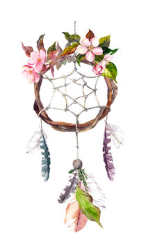 Dream catcher with feathers and flowers. Watercolor vintage boho style