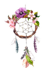 Dream catcher - feathers, flowers. Watercolor in boho style