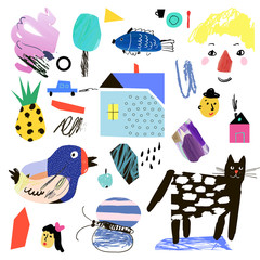 Cute collection of different shapes in collage cartoon style. Boy, girl, cat, house, trees, bird, butterfly, pineapple, car, fish. Vector. Isolated