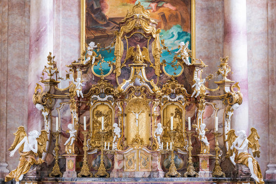 Altar of St. Andreas Church in Nesselwang (Bavaria, Germany)