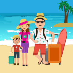 Vector illustration of happy family going on surf vacation. Beach and palm trees travel bags.