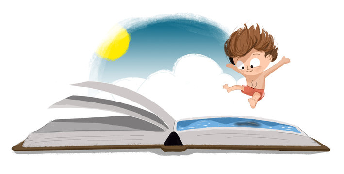 Niño saltando a un libro. Sumergirse en la lectura en verano