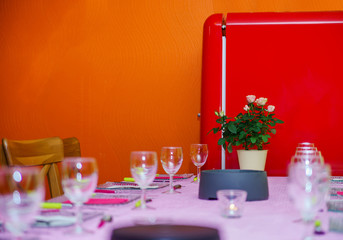 Retro-styled red refrigerator in the kitchen room
