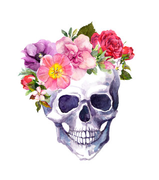 Human skull - flowers in boho style. Watercolor