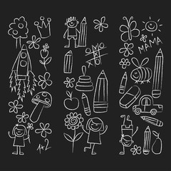 Kindergarten doodle pictures on blackboard