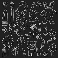 Kindergarten doodle pictures on blackboard
