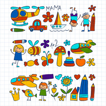 Kindergarten doodle pictures on notepad paper