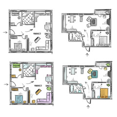 Apartment plan with furniture, vector sketch