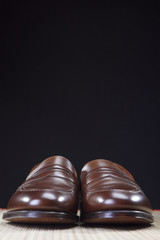 Mens Footwear Concepts. Pair of Brown Modern Calf Leather Brown Penny Loafers Shoes