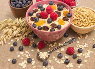 Healthy porridge with fruits on canvas