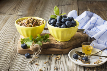 Still life of healthy breakfast. Cereal flakes for , blueberry ripe berries
