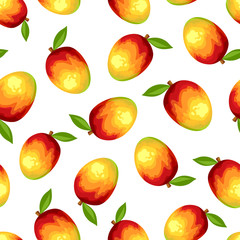 Vector seamless pattern with mango fruit on a white background.