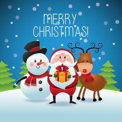 Merry Christmas concept with snowman, deer and santa  icon. vect