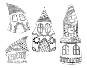 Cartoon houses with with ornaments. Boho style. Moroccan style.