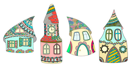 Colored Cartoon houses with with ornaments. Boho style. Moroccan