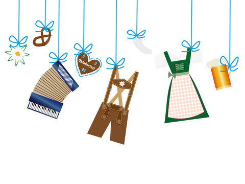 oktoberfest hintergrund, herz, lederhose, dirndl, edelweiss icons h&auml;ngen an Leine, 